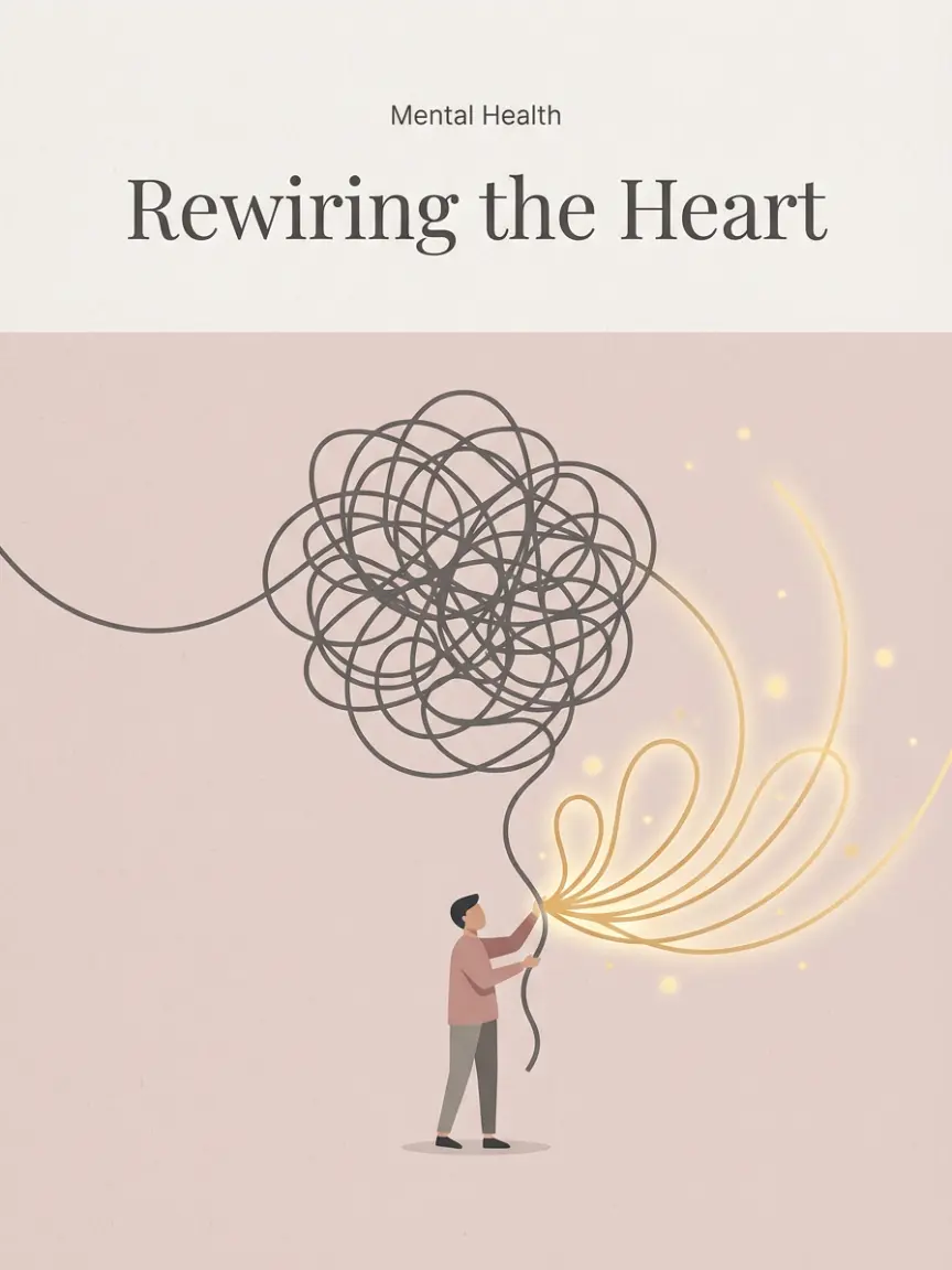 A minimalist editorial magazine cover titled "Rewiring the Heart" featuring a tiny stylized figure untangling a chaotic knot of grey lines into organized, glowing golden loops of light.