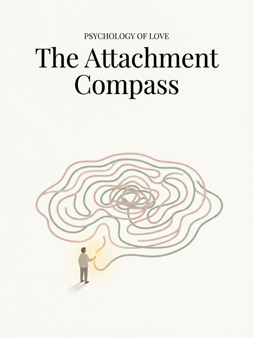 A minimalist editorial magazine cover illustration in a Morandi color palette, featuring a tiny stylized figure holding a glowing thread at the entrance of a soft yarn maze, symbolizing the introspective journey of decoding one's attachment style.