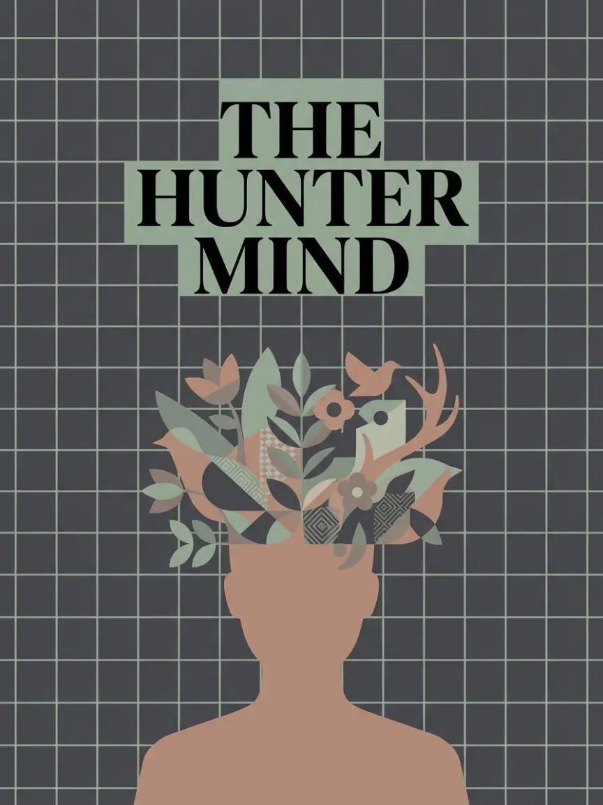 Stylized illustration of the ADHD mind represented as a blooming garden against a rigid grid, titled 'The Hunter Mind'.