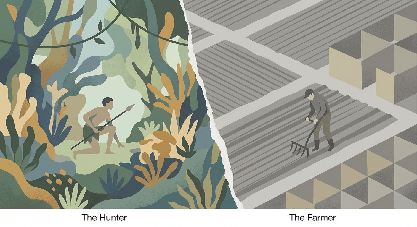 Comparative illustration showing the vibrant chaos of a Hunter's environment versus the rigid structure of a Farmer's world.