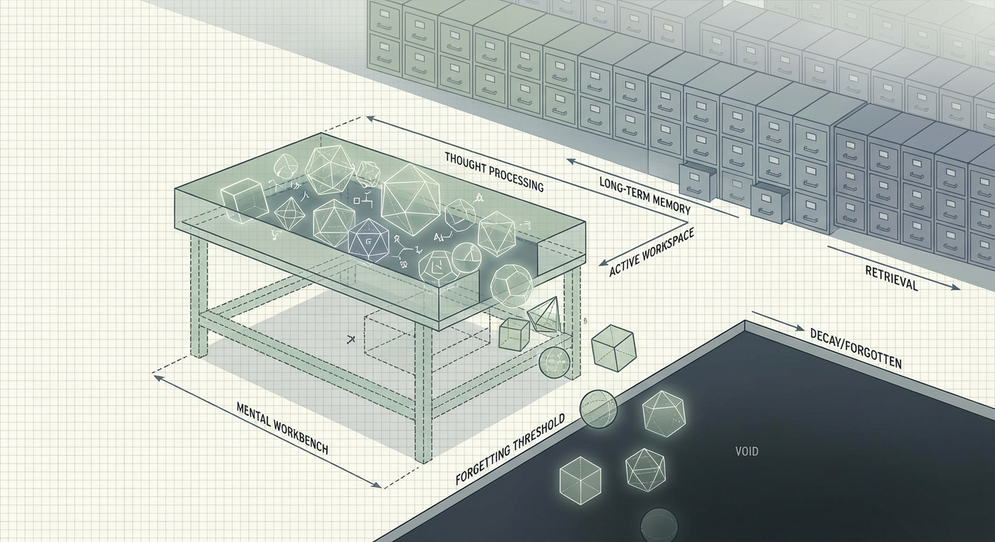 Diagram illustrating the limited capacity of ADHD working memory compared to the vastness of long-term storage.