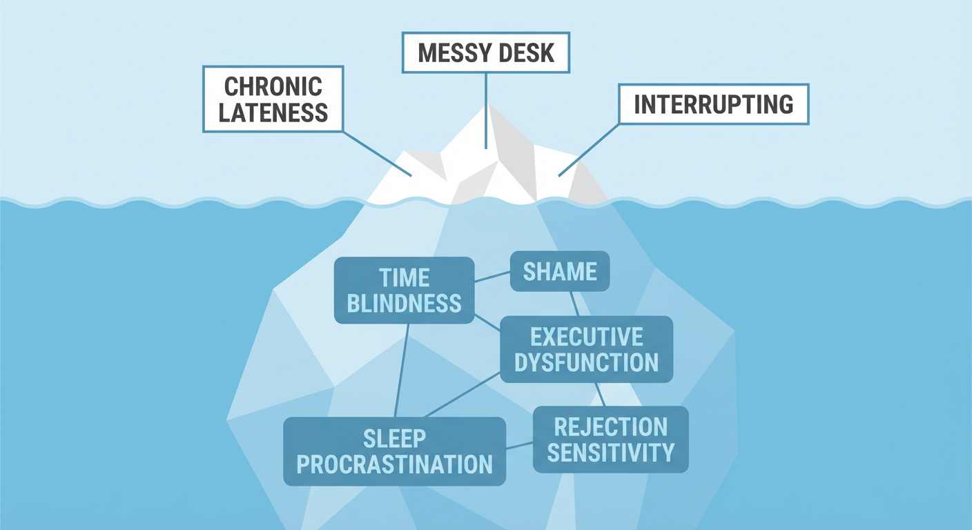 Iceberg metaphor showing visible ADHD behaviors vs. invisible internal struggles.