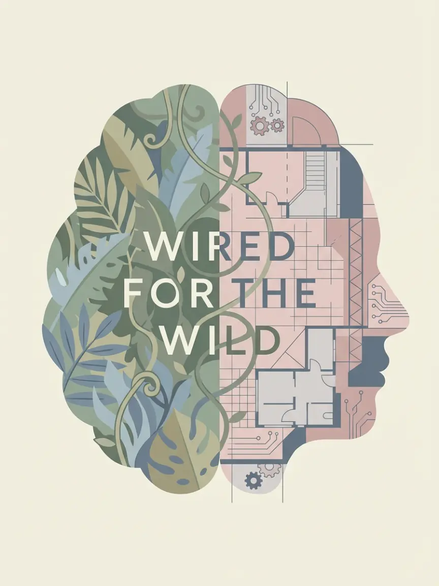 An artistic illustration representing the ADHD brain, blending wild nature elements with structured blueprints, titled 'WIRED FOR THE WILD'.