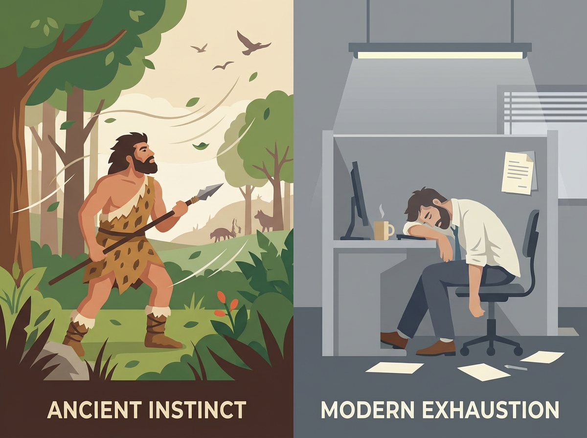 Comparison between the ADHD brain in its natural hunter environment versus a modern office setting.
