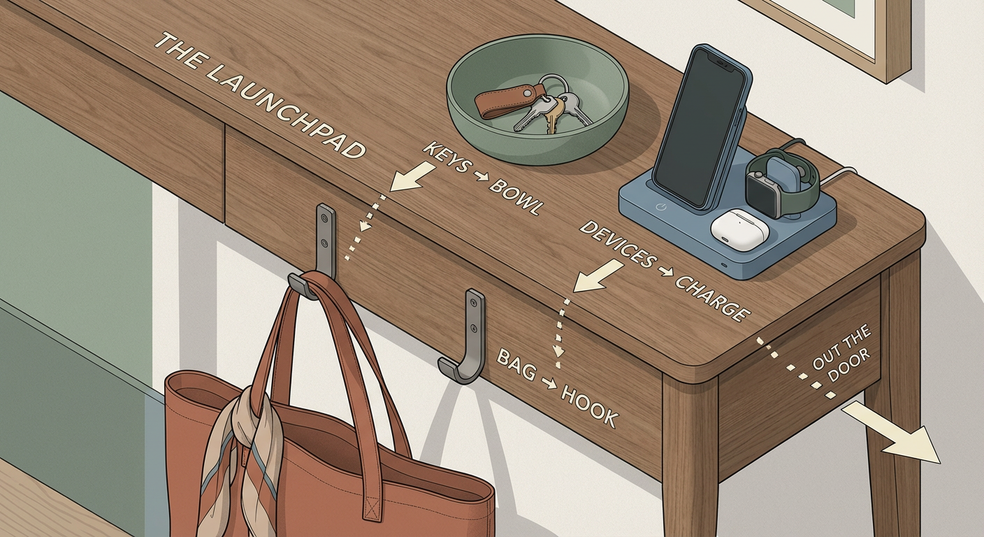 A diagram of an organized entryway station designed to reduce ADHD cognitive load.