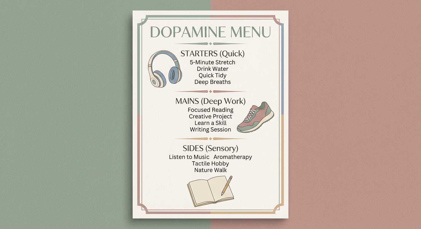 A creative menu concept categorizing different activities based on their dopamine-providing value.