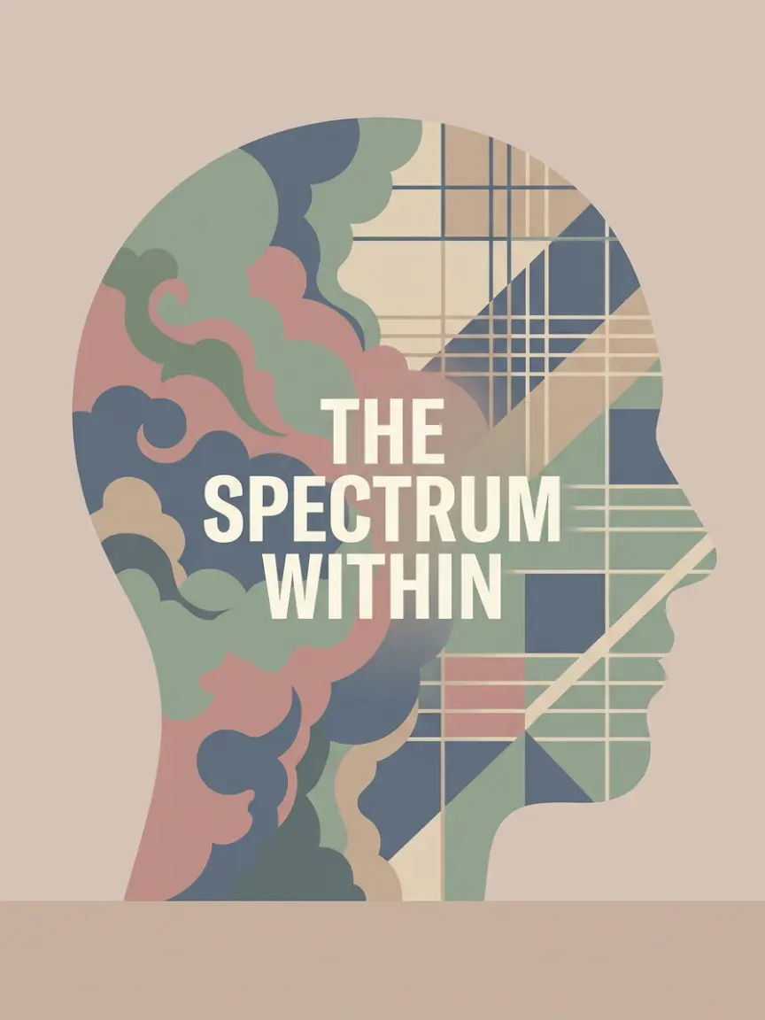 An artistic illustration depicting the duality of the neurodivergent mind, merging organic swirls with geometric structures to represent ADHD and Autism.