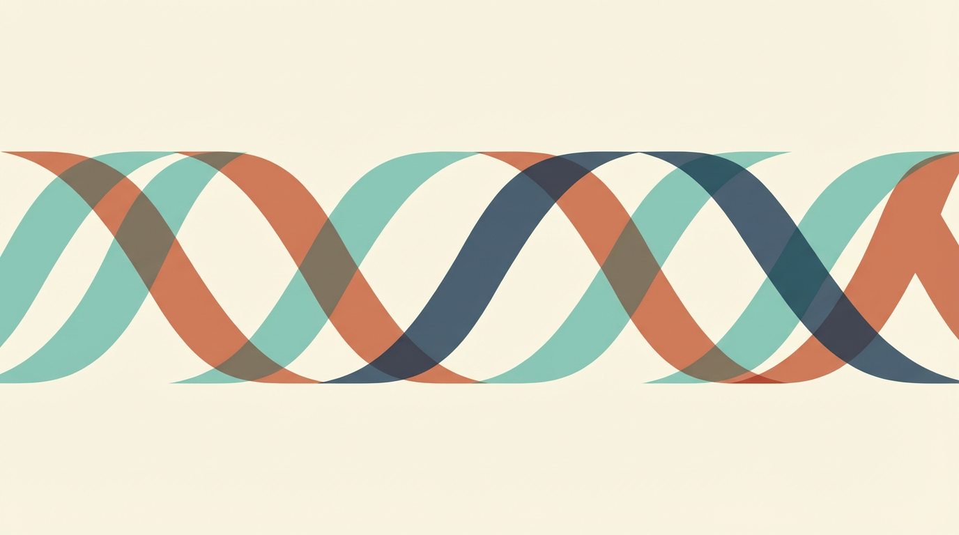 Abstract representation of ADHD and Autism traits weaving together like DNA strands.