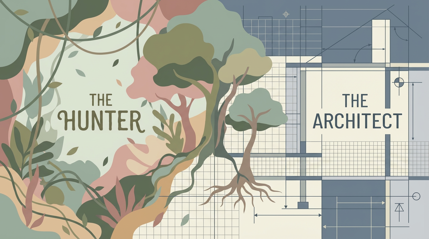 A visual metaphor showing a wild forest merging with a structural blueprint, representing the conflict between novelty and routine.