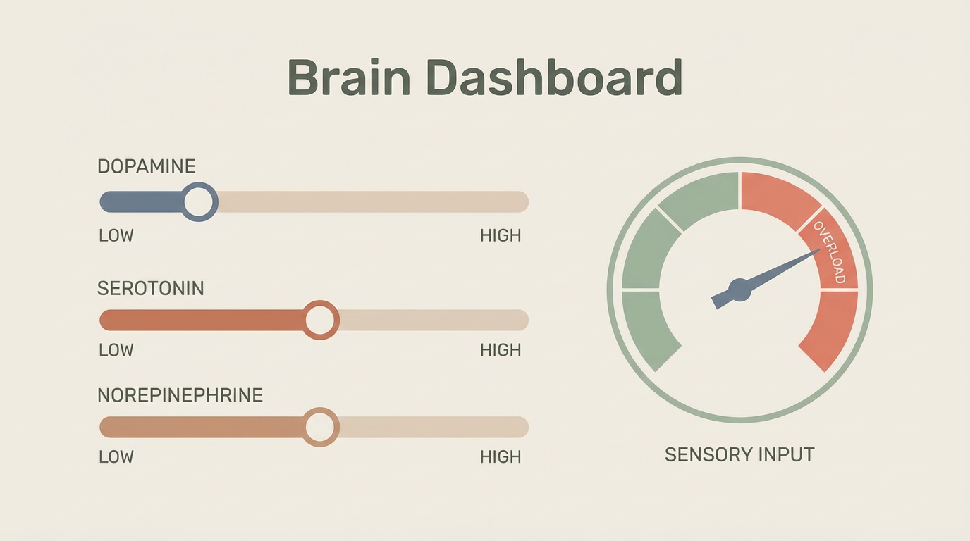 A minimalist dashboard graphic illustrating low dopamine and high sensory input levels in the neurodivergent brain.
