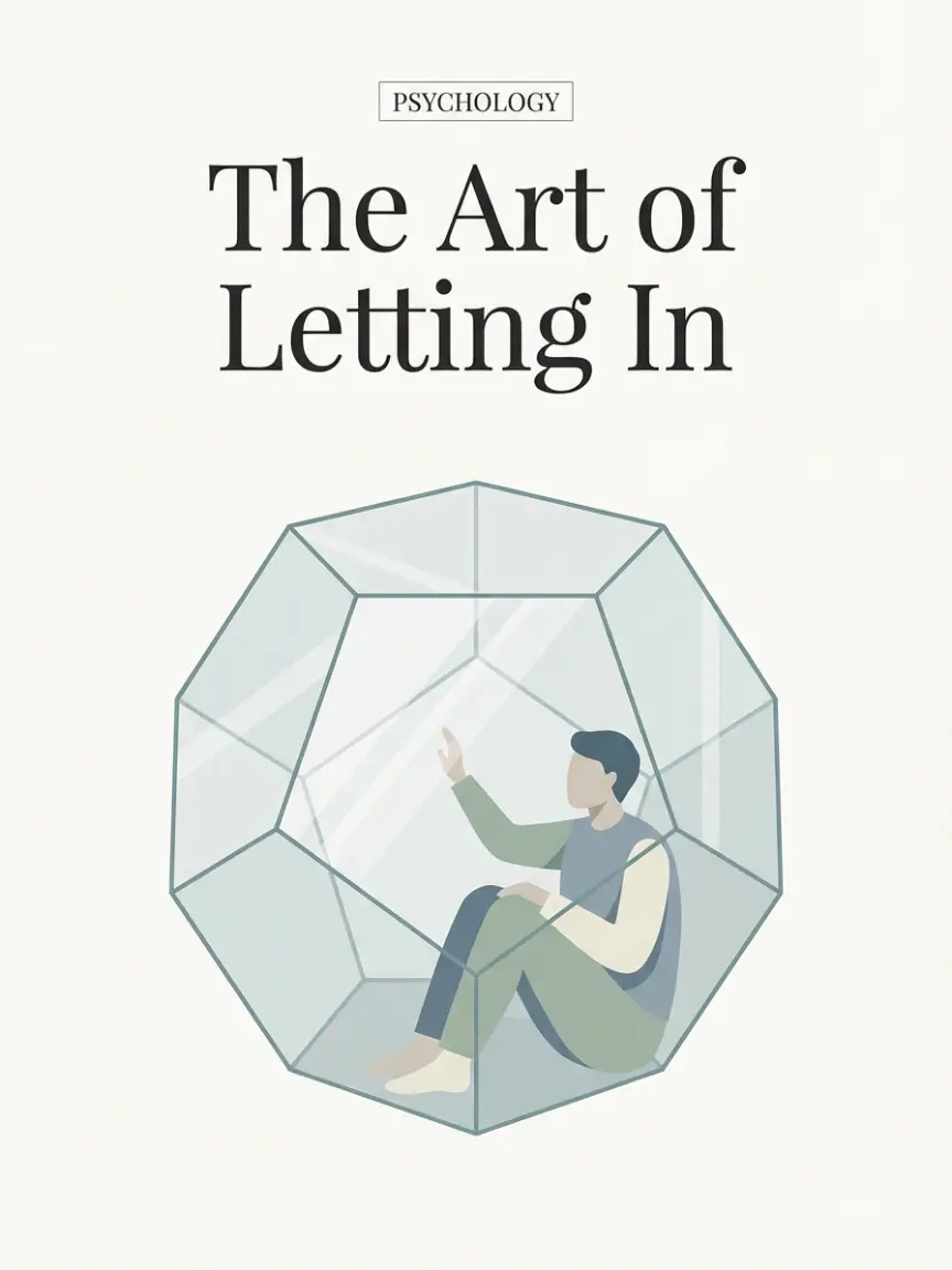 A magazine cover illustration titled "The Art of Letting In" depicts a solitary figure sitting inside a transparent, geometric glass structure and gently touching the surface.