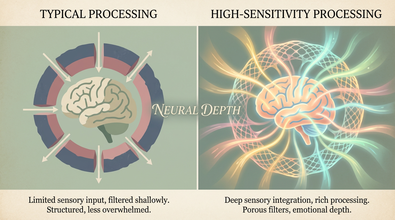Diagram contrasting a typical neural filter with the porous, deep-processing filter of a highly sensitive person.