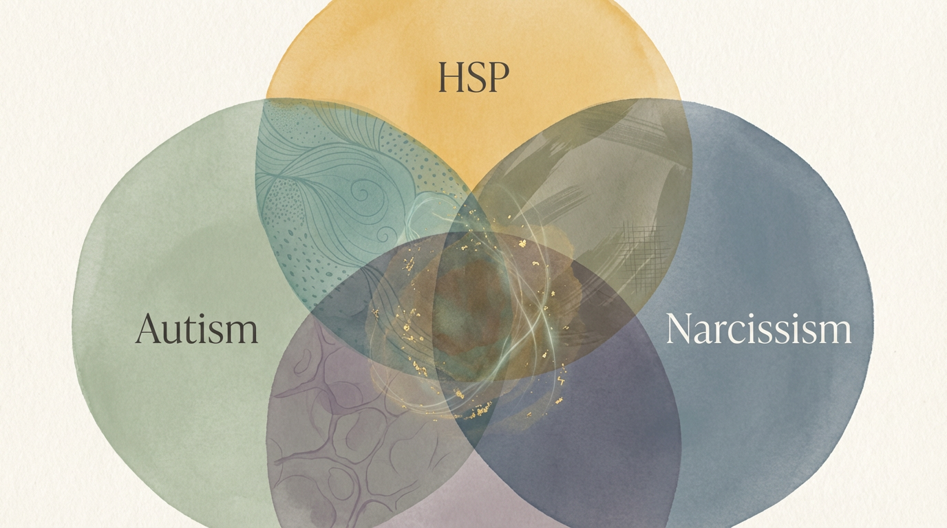 Abstract diagram showing the overlaps and distinctions between High Sensitivity, Autism, and Narcissism.