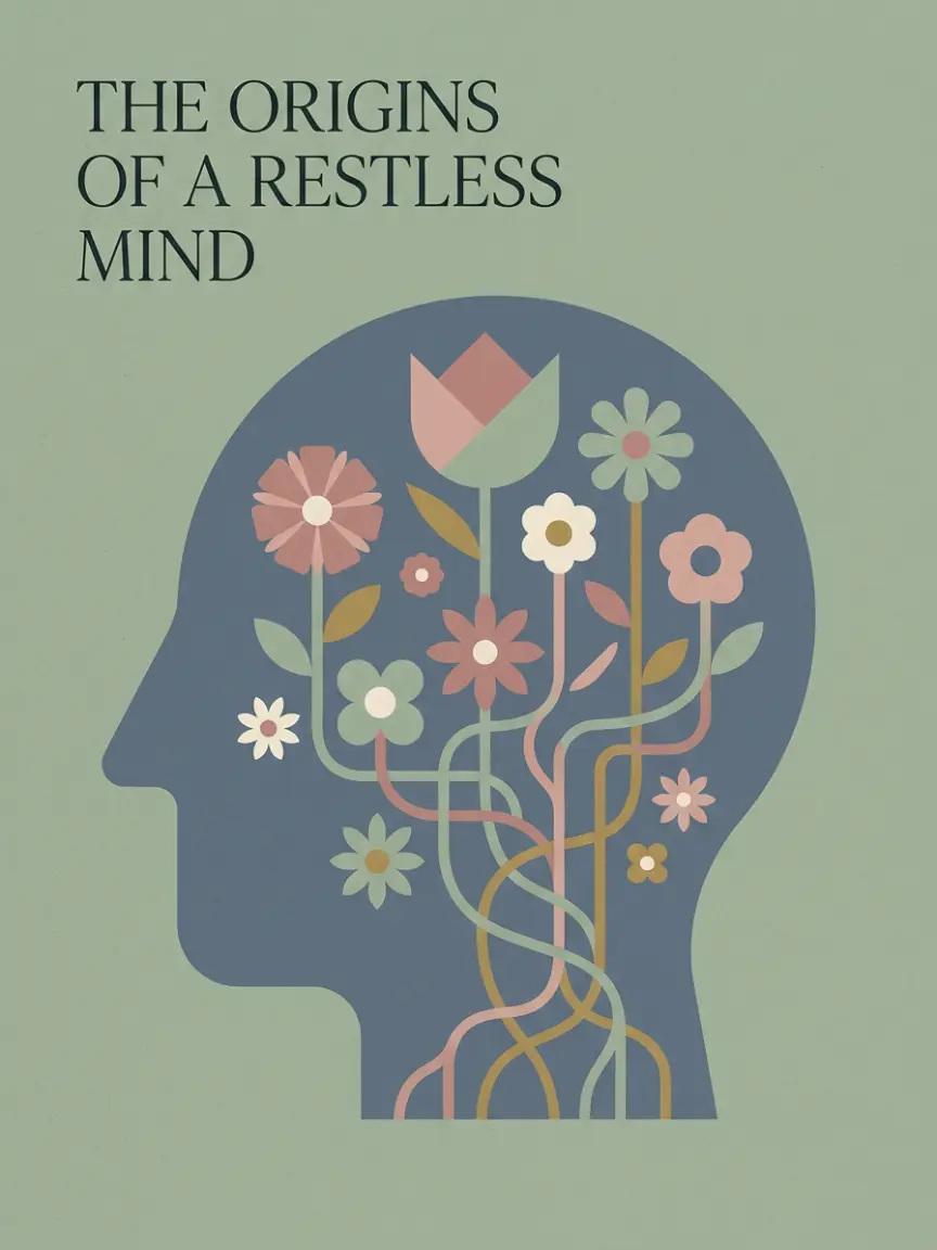 A stylized illustration of a human profile with colorful geometric flora representing complex brain activity, titled The Origins of a Restless Mind.