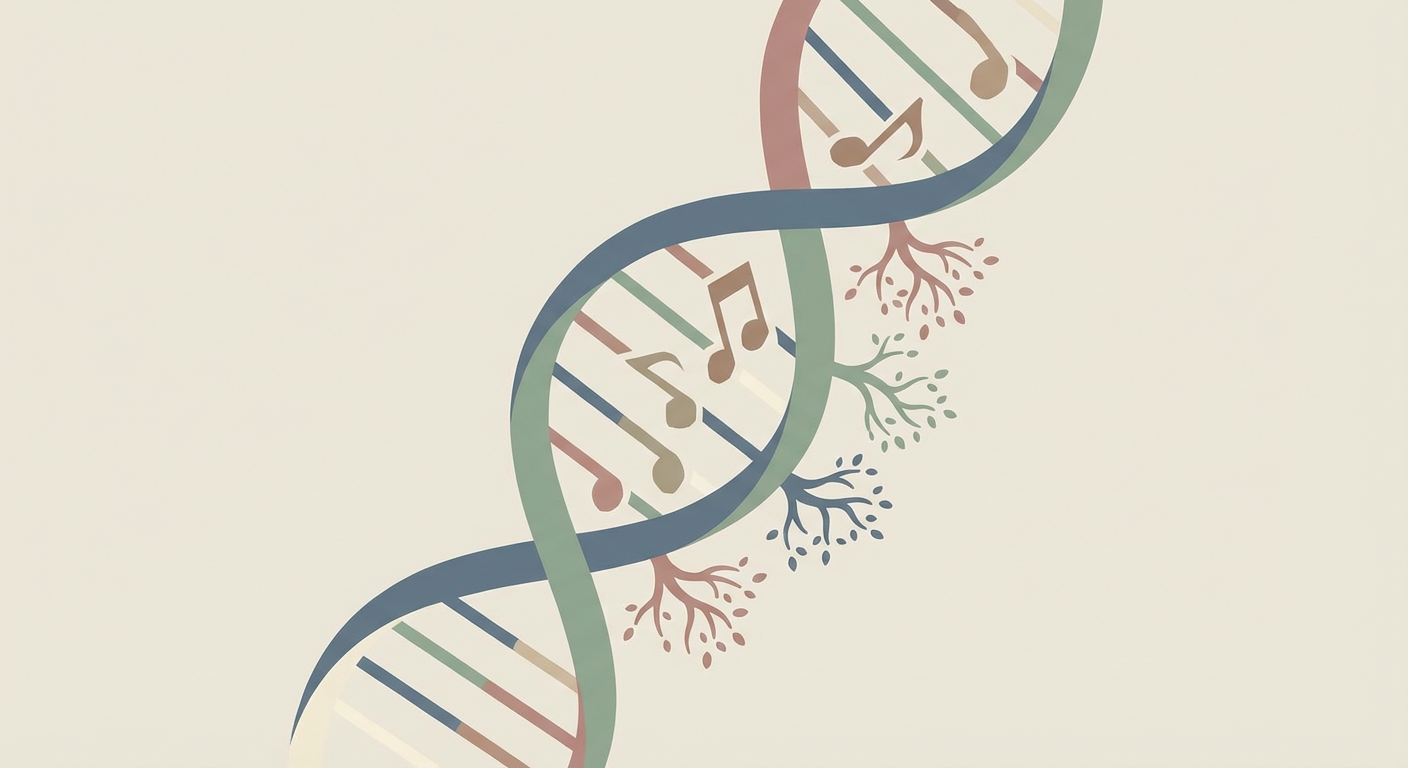 DNA strand transforming into musical notes, illustrating the polygenic nature of ADHD.