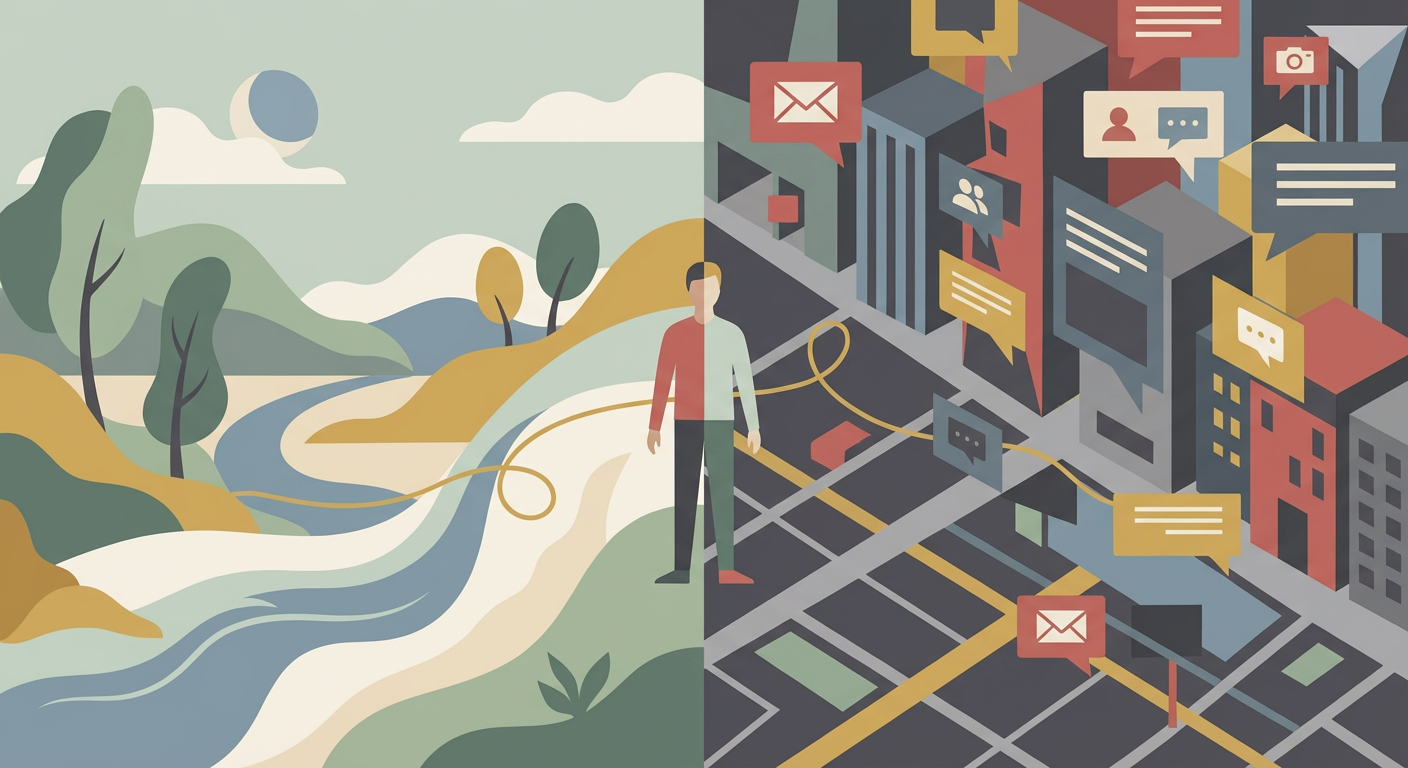 Contrast between a calm environment and a chaotic digital world, linked by a single thread.