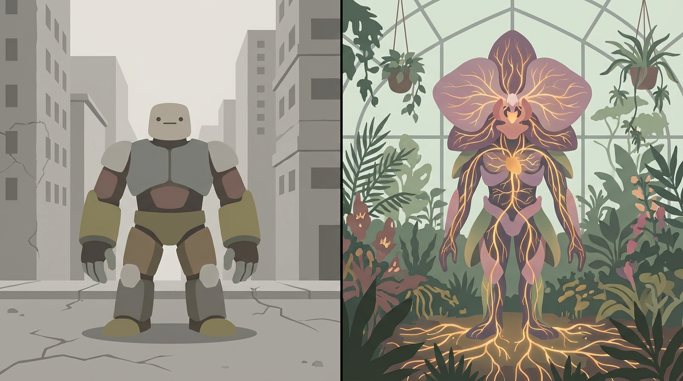 An illustration comparing the hardy dandelion to the complex, environment-sensitive orchid, representing the biological difference in sensitivity.