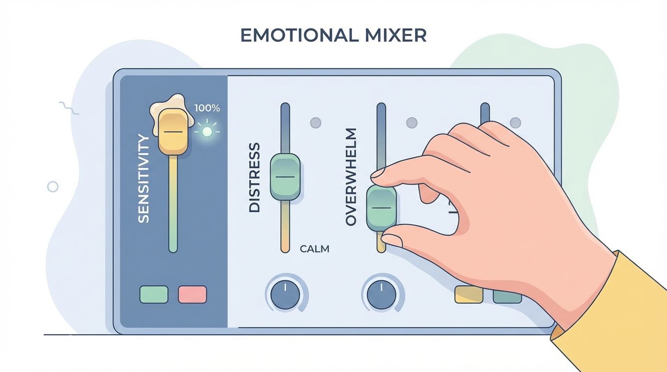 A mixing board metaphor showing that while sensitivity is fixed, distress and overwhelm can be lowered.