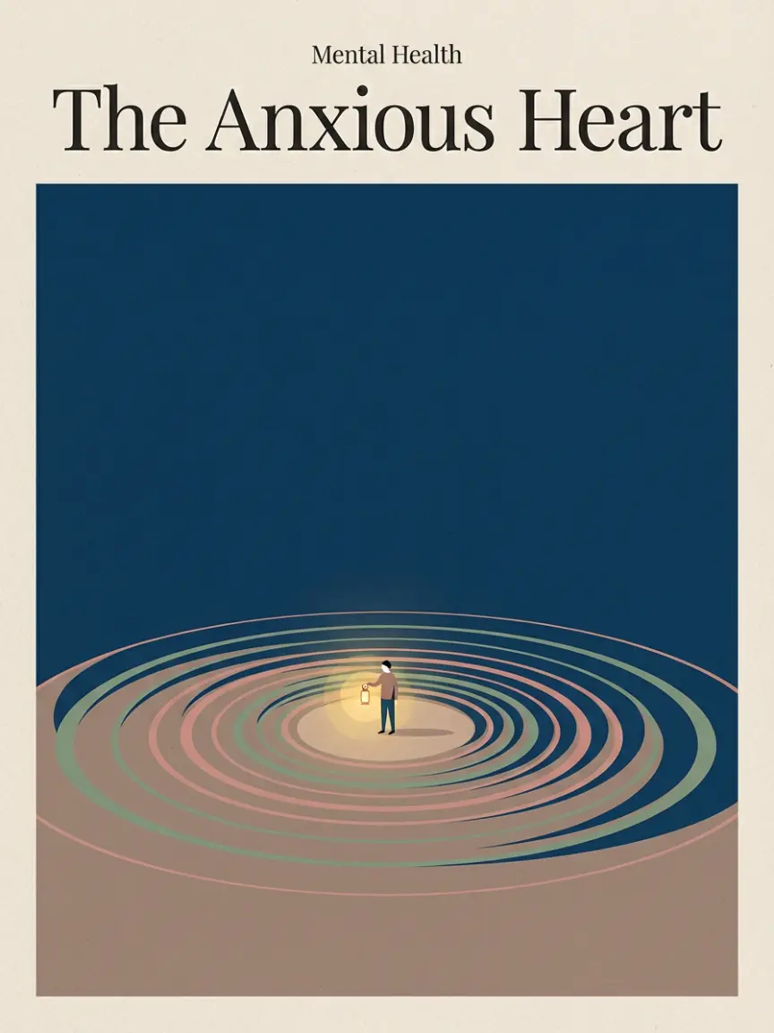 A magazine cover titled "The Anxious Heart," illustrating a tiny person holding a lantern amidst concentric ripples spreading into a dark void.
