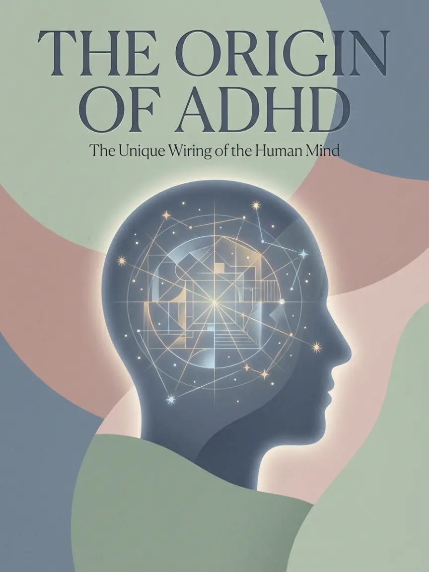 Abstract illustration of a human head silhouette filled with glowing architectural blueprints, representing the complex inner workings of the Adult ADHD mind, set against a calm Morandi color background.