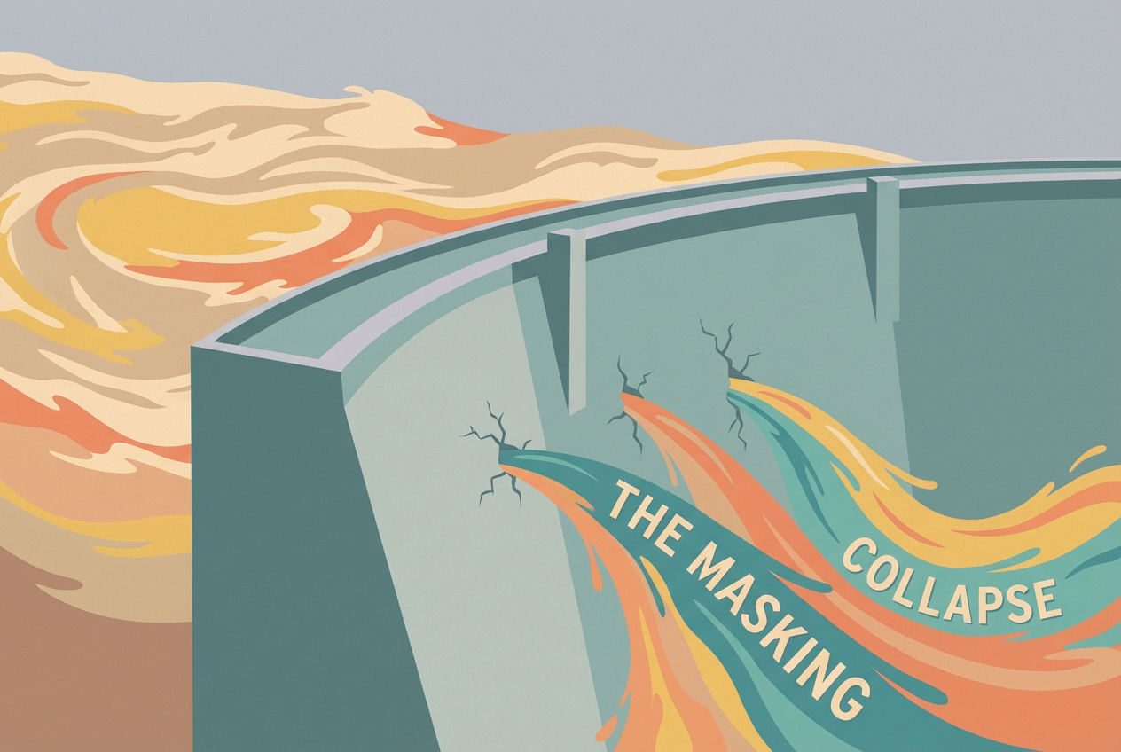 Minimalist illustration of a concrete dam cracking under pressure, with colorful water bursting through, symbolizing the collapse of ADHD masking mechanisms in adulthood.