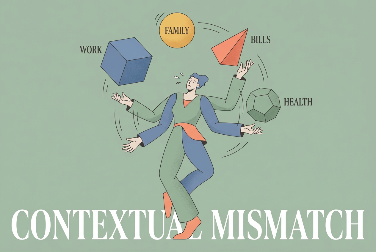 Conceptual illustration of a figure juggling too many abstract shapes labeled work, family, and bills, representing the contextual mismatch and cognitive overload in Adult ADHD.