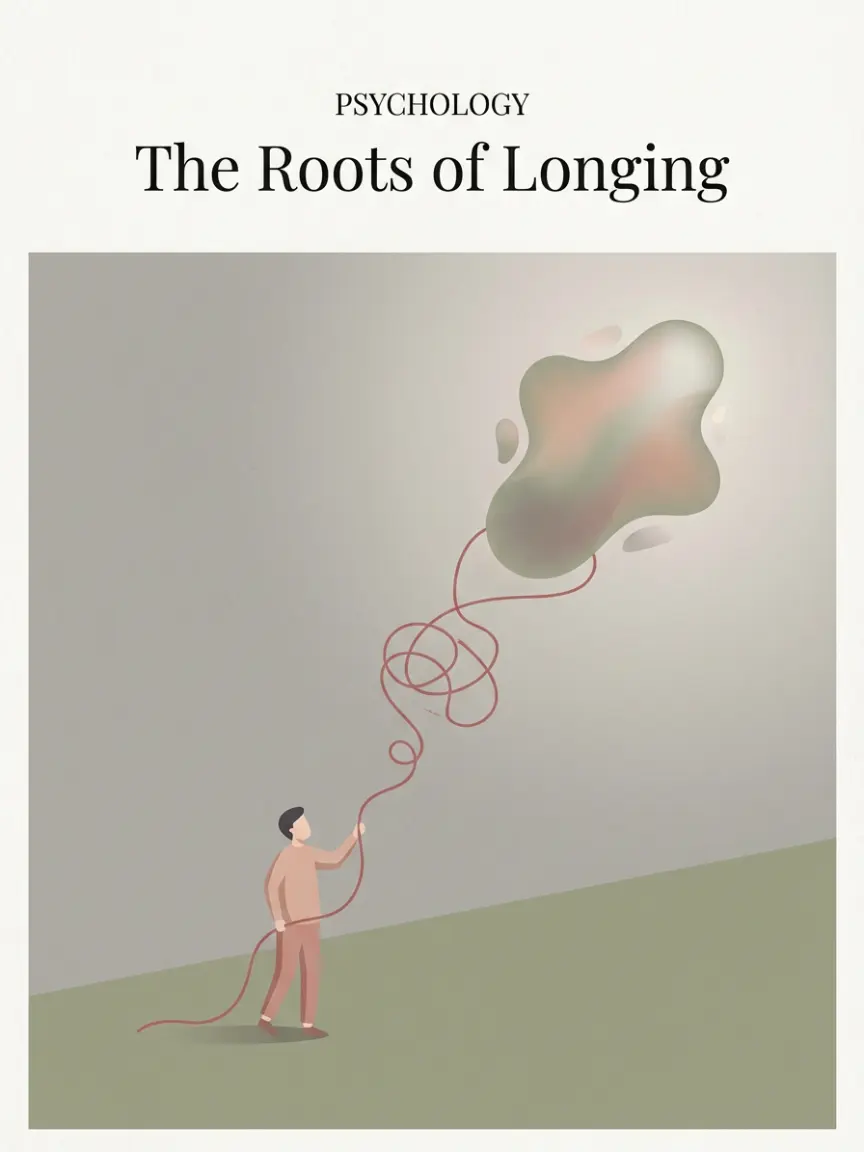 Minimalist magazine cover illustration featuring a tiny faceless figure holding a tangled red string connected to a floating abstract shape in a vast Morandi-toned landscape.