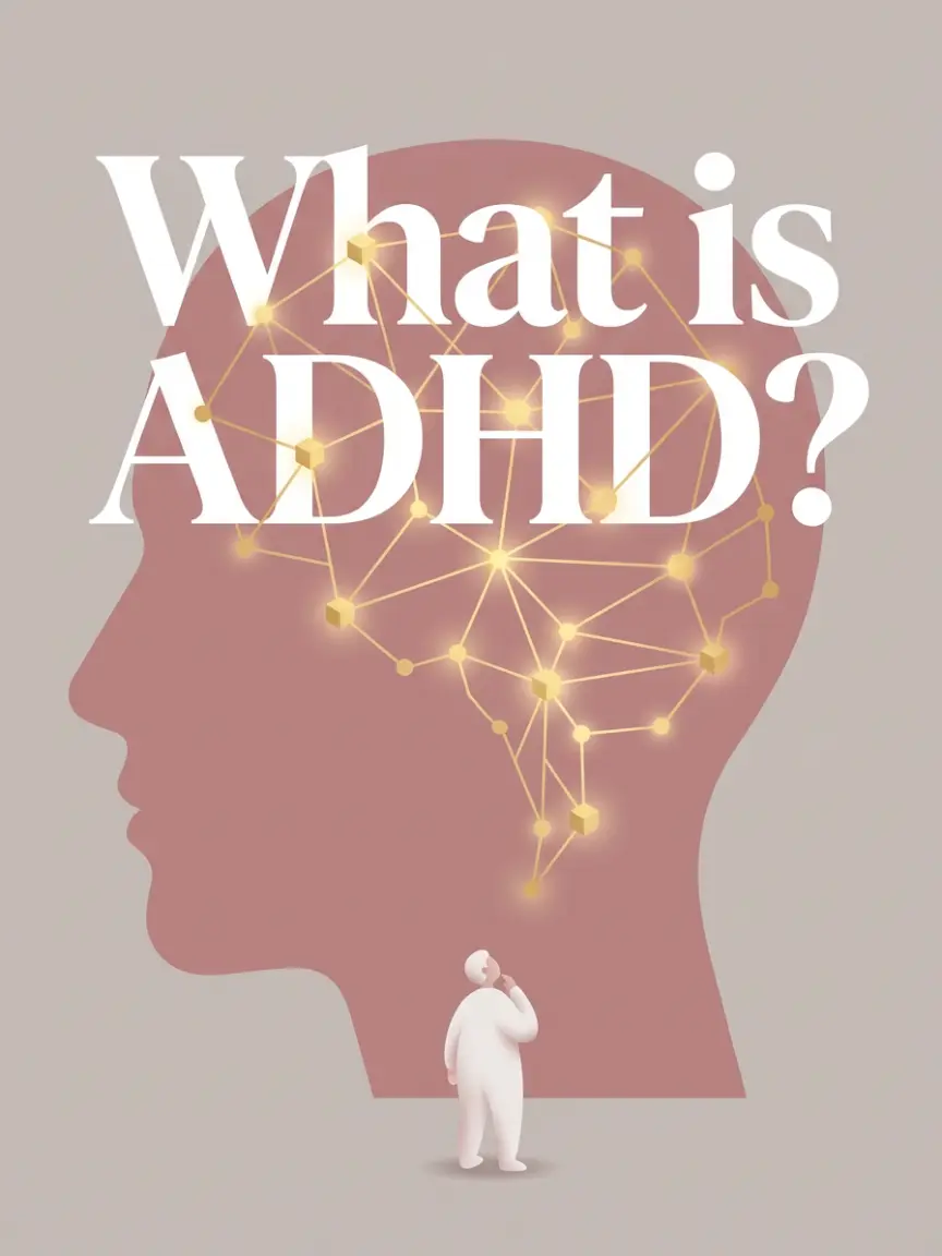 Editorial illustration with the title text What is ADHD featuring a human head silhouette filled with unique glowing neural connections.