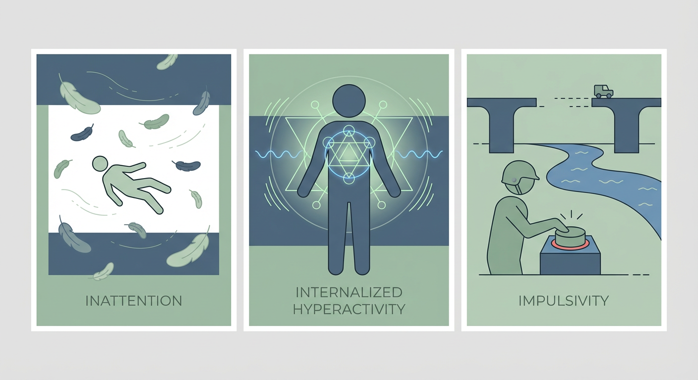 Three minimalist figures representing the core ADHD symptoms: floating for inattention, a glowing core for hyperactivity, and pressing a button too early for impulsivity.