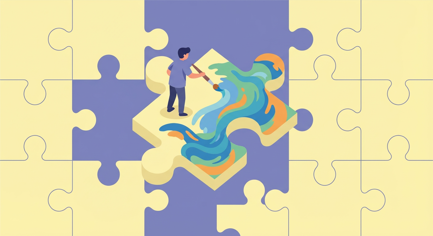A figure painting a unique puzzle piece, symbolizing embracing neurodivergence rather than conforming.