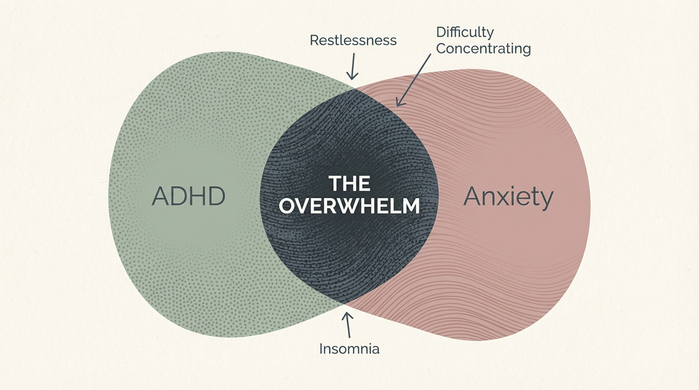 A venn diagram showing the overlapping symptoms of ADHD and Anxiety.