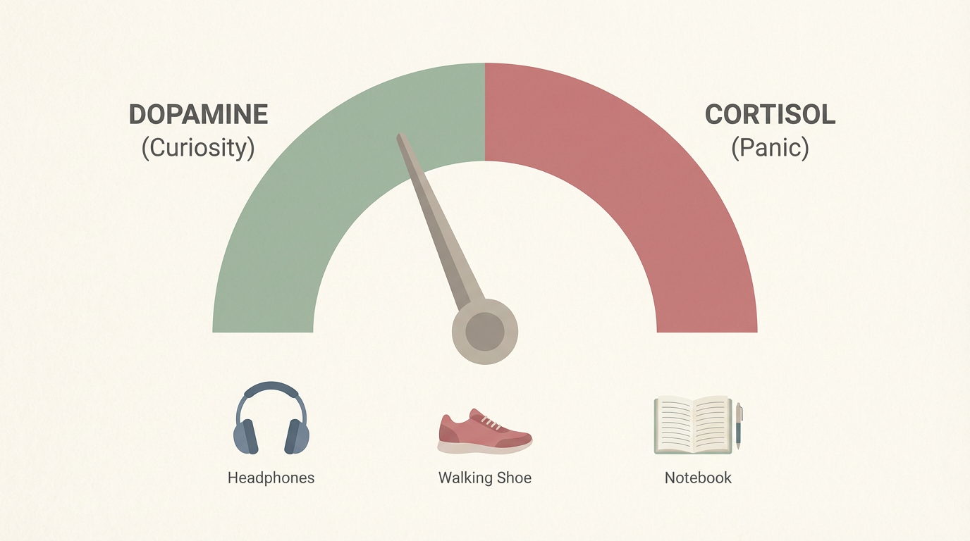 Dashboard graphic illustrating the balance between Dopamine and Cortisol in the brain.