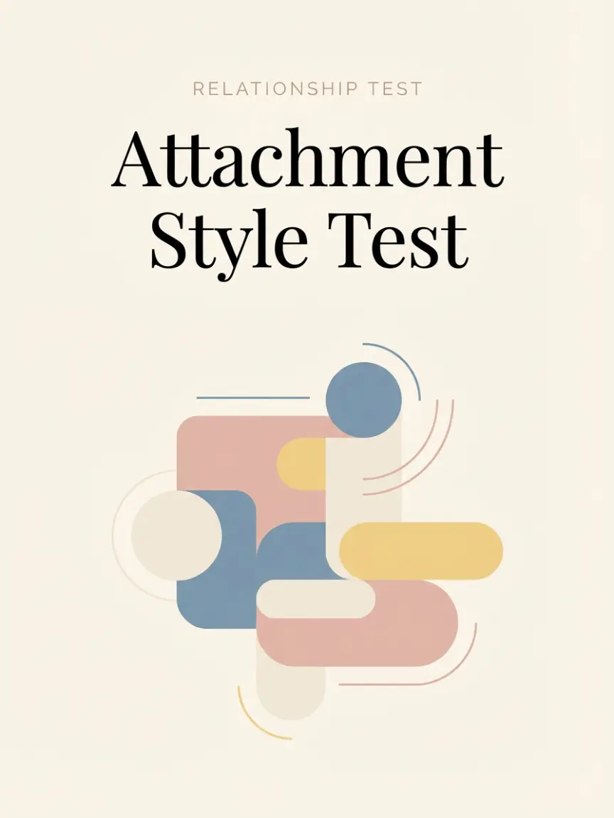 A minimalist book cover titled "Attachment Style Test" with an abstract illustration of overlapping soft geometric shapes in muted colors.