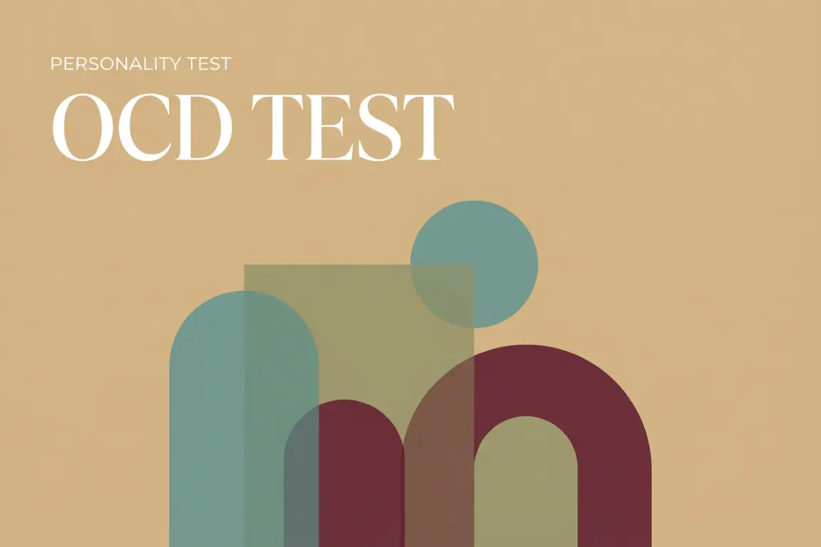 A minimalist editorial magazine cover design on a beige background, featuring the text "PERSONALITY TEST" and "OCD TEST" above overlapping abstract geometric shapes in muted teal, olive, and deep red tones.