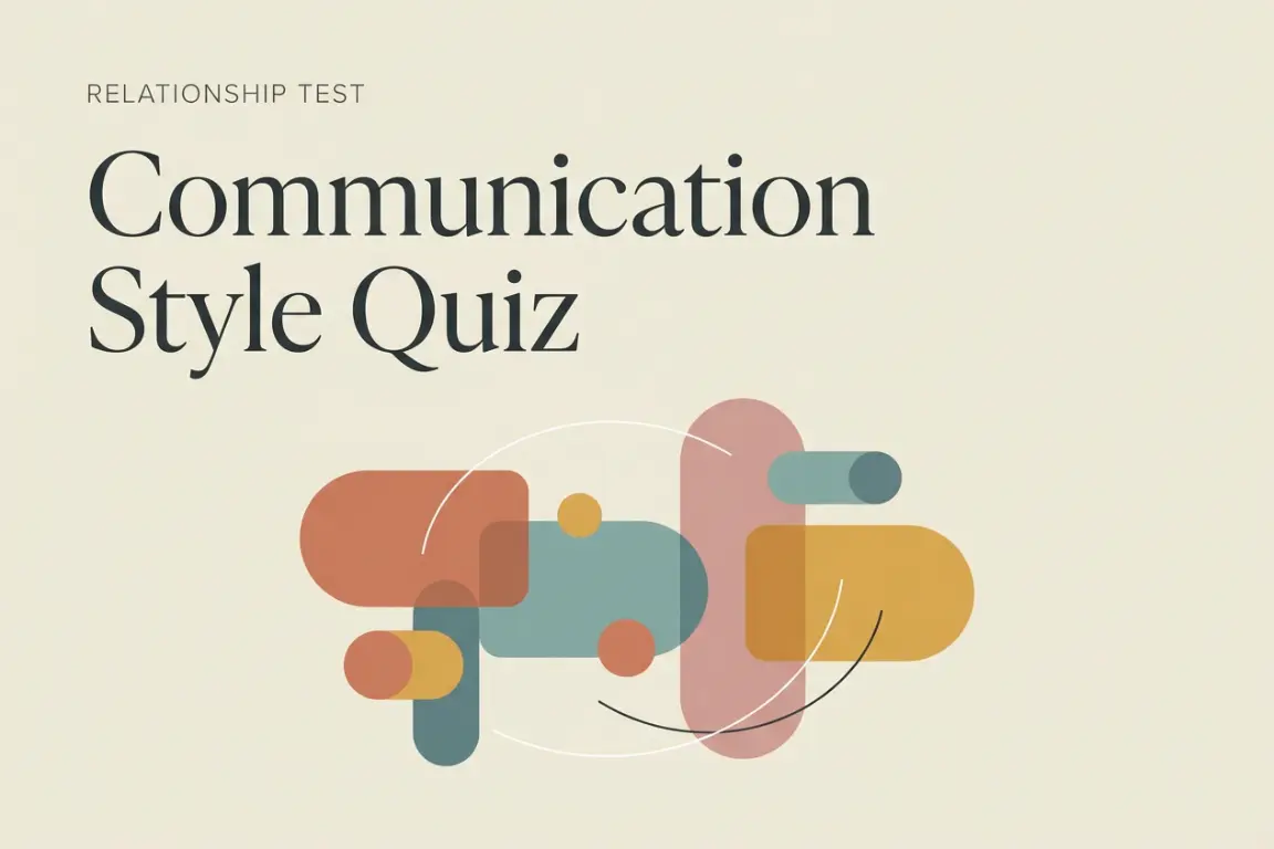 A modern, minimalist magazine cover titled "Communication Style Quiz" featuring abstract geometric illustrations.