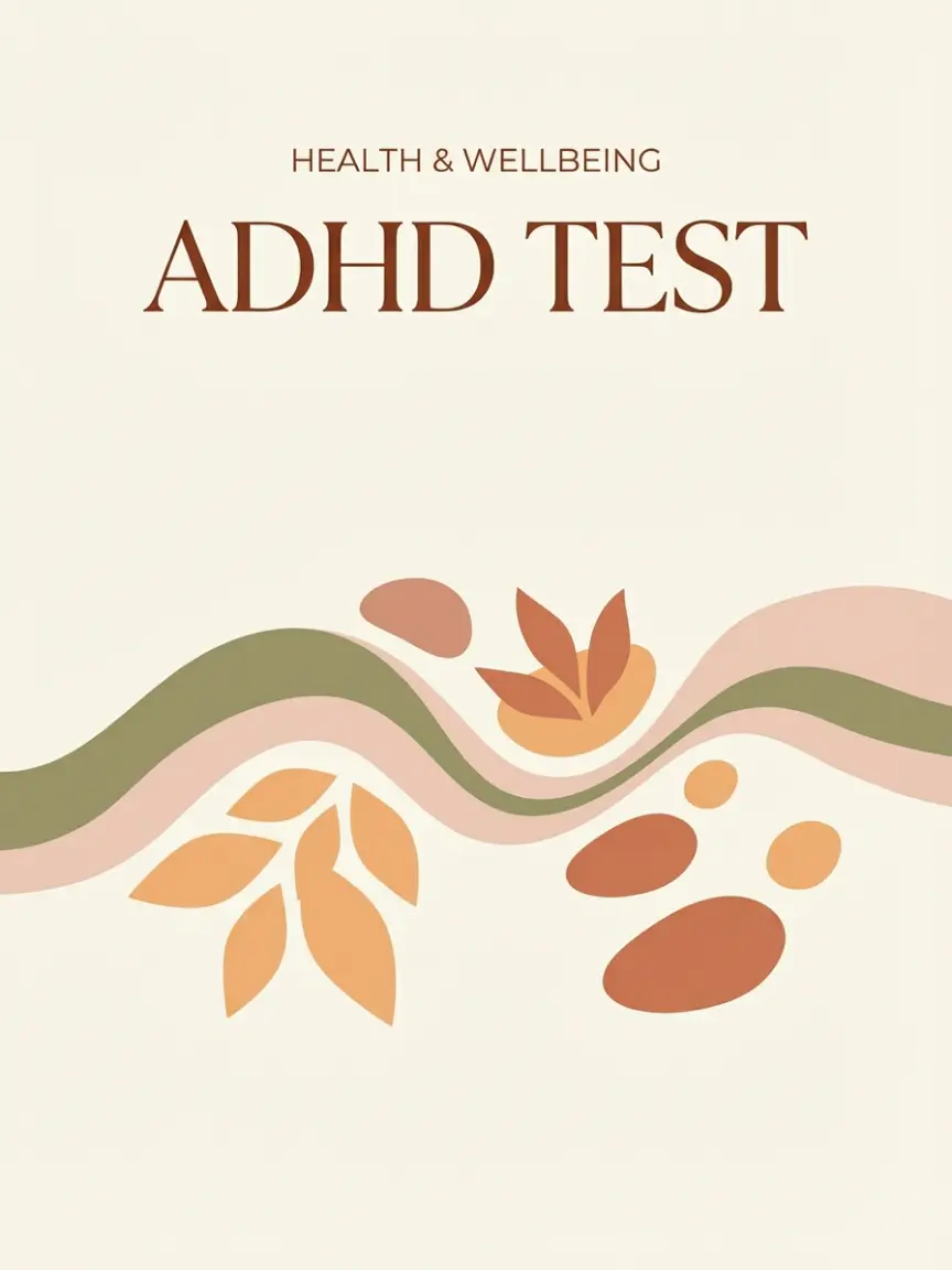 A light beige book cover titled "ADHD TEST" with a warm, abstract illustration of wavy lines, leaves, and pebbles in earth tones.