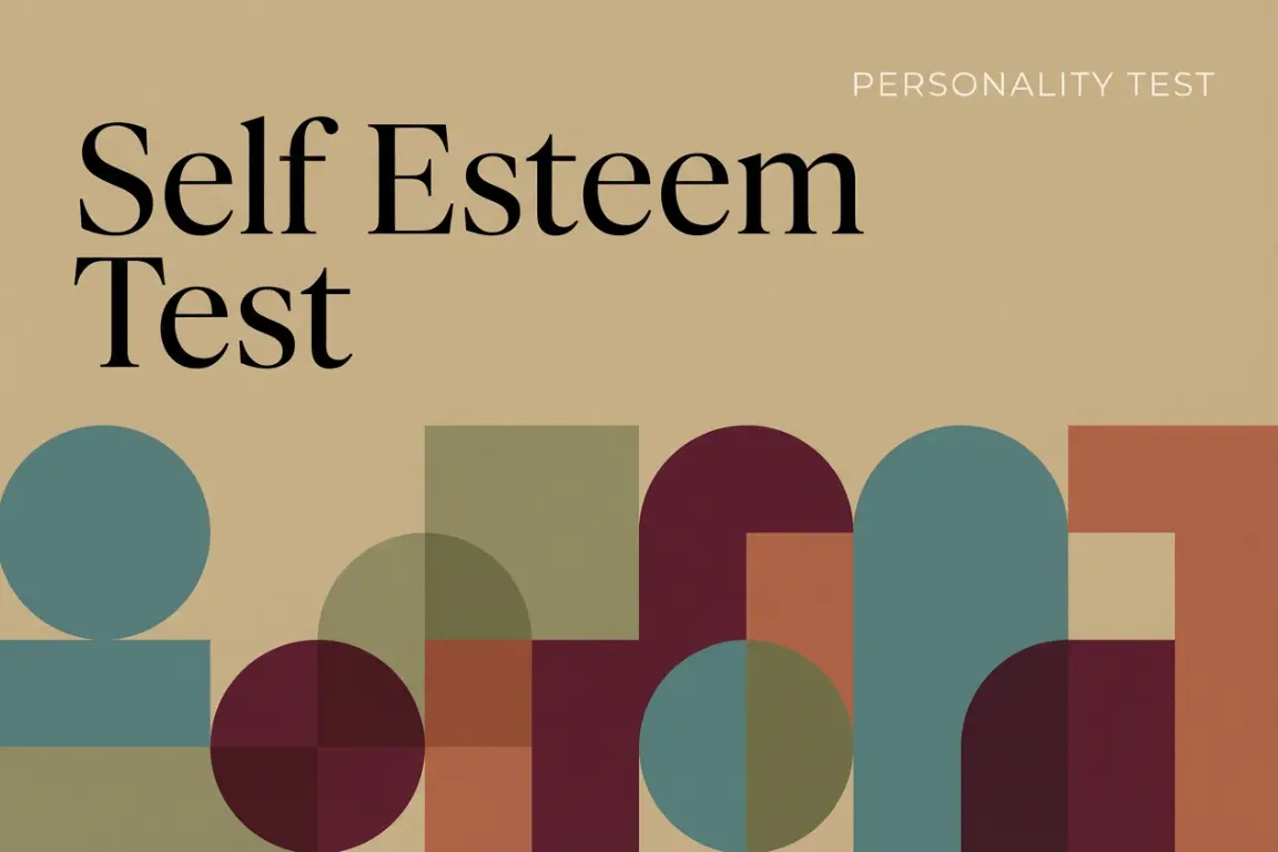 A modern editorial cover design for a "Self Esteem Test" featuring elegant serif typography and a minimal arrangement of overlapping geometric shapes in soft beige, teal, and deep red tones.