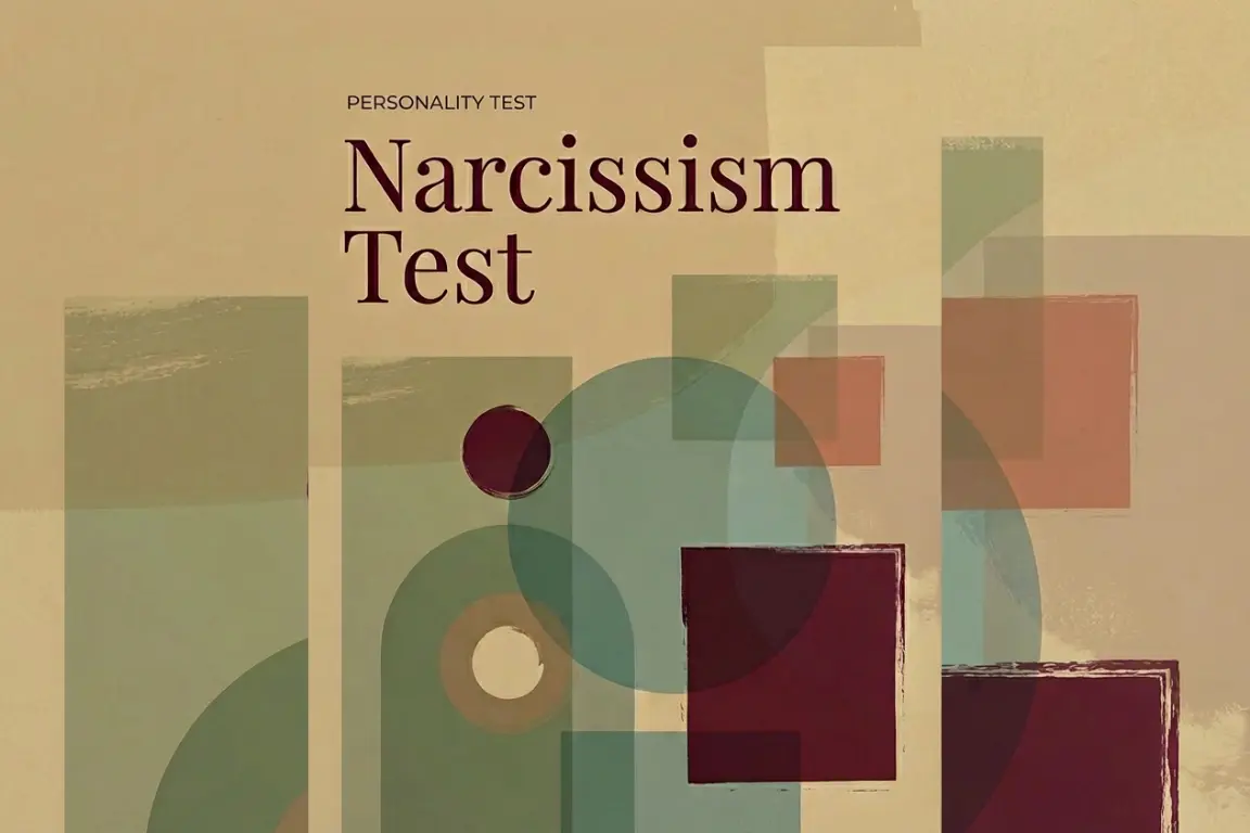 Cover for a "Narcissism Test" personality quiz featuring abstract overlapping geometric shapes in muted beige, teal, olive, and deep red tones.